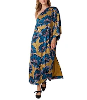 CROSBY by Mollie Burch Clementine Satin Crepe Floral Asymmetrical Neck Single Batwing Sleeve Caftan Maxi Dress