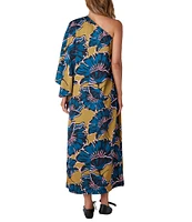 CROSBY by Mollie Burch Clementine Satin Crepe Floral Asymmetrical Neck Single Batwing Sleeve Caftan Maxi Dress