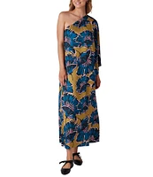 CROSBY by Mollie Burch Clementine Satin Crepe Floral Asymmetrical Neck Single Batwing Sleeve Caftan Maxi Dress