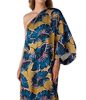 CROSBY by Mollie Burch Clementine Satin Crepe Floral Asymmetrical Neck Single Batwing Sleeve Caftan Maxi Dress