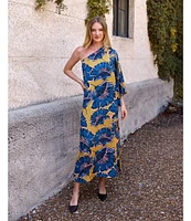 CROSBY by Mollie Burch Clementine Satin Crepe Floral Asymmetrical Neck Single Batwing Sleeve Caftan Maxi Dress