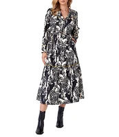 CROSBY by Mollie Burch Delphine Taffeta Leopard Split Round Long Sleeve Button Front Belted Midi A-Line Shirt Dress