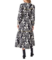 CROSBY by Mollie Burch Delphine Taffeta Leopard Split Round Long Sleeve Button Front Belted Midi A-Line Shirt Dress