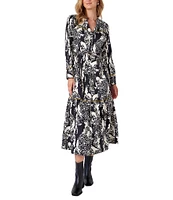 CROSBY by Mollie Burch Delphine Taffeta Leopard Split Round Long Sleeve Button Front Belted Midi A-Line Shirt Dress