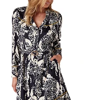 CROSBY by Mollie Burch Delphine Taffeta Leopard Split Round Long Sleeve Button Front Belted Midi A-Line Shirt Dress