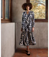 CROSBY by Mollie Burch Delphine Taffeta Leopard Split Round Long Sleeve Button Front Belted Midi A-Line Shirt Dress