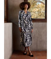 CROSBY by Mollie Burch Delphine Taffeta Leopard Split Round Long Sleeve Button Front Belted Midi A-Line Shirt Dress