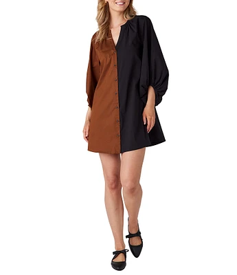 CROSBY by Mollie Burch Liv Color block Split Round Neck 3/4 Sleeve Button Front Mini Shirt Dress