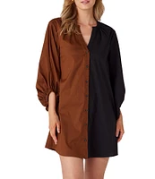 CROSBY by Mollie Burch Liv Color block Split Round Neck 3/4 Sleeve Button Front Mini Shirt Dress