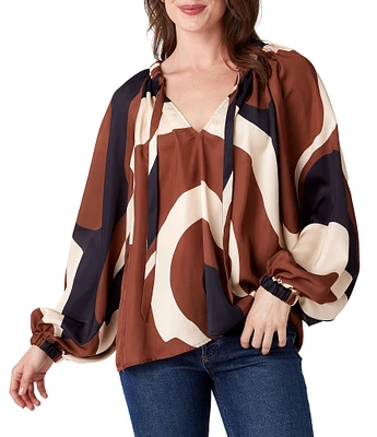 CROSBY by Mollie Burch Monroe Satin Crepe Split Tie V-Neck Long Balloon Sleeve Blouse