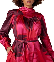 CROSBY by Mollie Burch Ryder Satin Ruched Tie Back Mock Neck Long Blouson Sleeve Tie at Waist A-Line Midi Dress