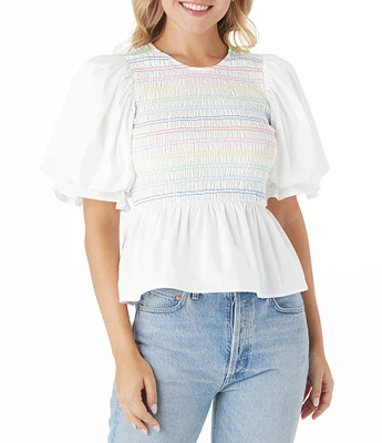 CROSBY by Mollie Burch Sloan Puff Sleeve Crew Neck Smocked Peplum Top