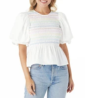 CROSBY by Mollie Burch Sloan Puff Sleeve Crew Neck Smocked Peplum Top