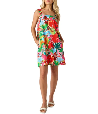 CROSBY by Mollie Burch Warren Tropical Floral Printed Square Neck Sleeveless Shift Dress
