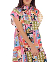 CROSBY By Mollie Burch Printed Whitley Mock Neck Short Flutter Sleeve Dress