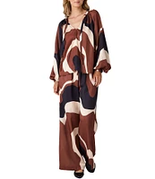 CROSBY by Mollie Burch Woven Linen Blend Pave the Way Print High Elastic Drawstring Wide Leg Pants