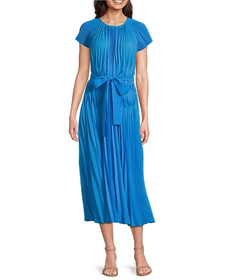 Current Air Allover Pleated Round Neck Short Sleeves Belted Midi Dress