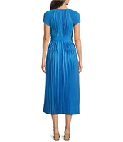 Current Air Allover Pleated Round Neck Short Sleeves Belted Midi Dress