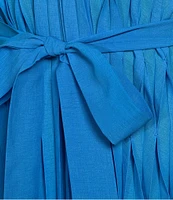 Current Air Allover Pleated Round Neck Short Sleeves Belted Midi Dress