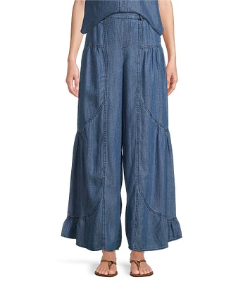 Current Air Chambray Elastic Waist Wide Tiered Leg Pull-On Pants