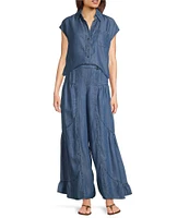 Current Air Chambray Elastic Waist Wide Tiered Leg Pull-On Pants