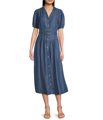 Current Air Chambray Notch Collar Puff Sleeves Button Front Shirt Dress