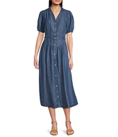 Current Air Chambray Notch Collar Puff Sleeves Button Front Shirt Dress