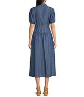 Current Air Chambray Notch Collar Puff Sleeves Button Front Shirt Dress
