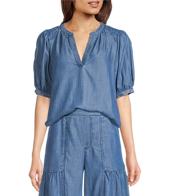 Current Air Coordinating Chambray V-Neck Short Sleeve Pullover Blouse