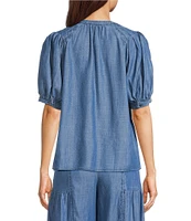 Current Air Coordinating Chambray V-Neck Short Sleeve Pullover Blouse
