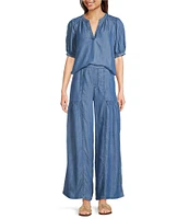 Current Air Coordinating Chambray V-Neck Short Sleeve Pullover Blouse