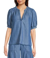 Current Air Coordinating Chambray V-Neck Short Sleeve Pullover Blouse