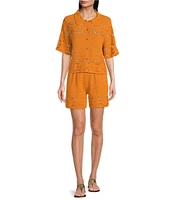 Current Air Coordinating Crochet Collared Elbow Sleeve Button Front Shirt