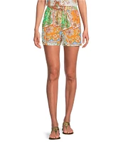 Current Air Coordinating Patchwork High Waisted Linen Blend Pull-On Shorts