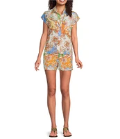 Current Air Coordinating Patchwork High Waisted Linen Blend Pull-On Shorts