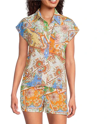 Current Air Coordinating Patchwork Point Collar Cap Sleeve Button Front Shirt