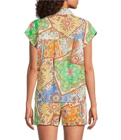 Current Air Coordinating Patchwork Point Collar Cap Sleeve Button Front Shirt
