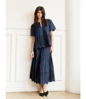 Current Air Coordinating Pleated Eyelet Poplin Midi Skirt