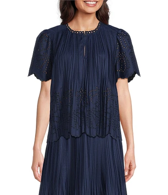 Current Air Coordinating Pleated Eyelet Round Keyhole Neck Short Sleeve Top
