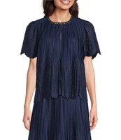 Current Air Coordinating Pleated Eyelet Round Keyhole Neck Short Sleeve Top