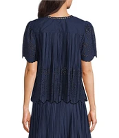 Current Air Coordinating Pleated Eyelet Round Keyhole Neck Short Sleeve Top