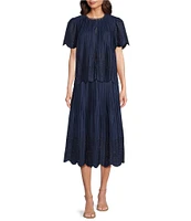 Current Air Coordinating Pleated Eyelet Round Keyhole Neck Short Sleeve Top