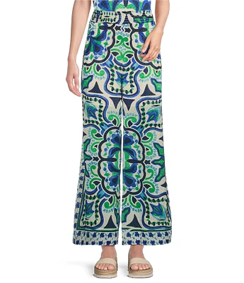 Current Air Coordinating Printed Flat Front Smocked Waist Wide Leg Pull-On Pants