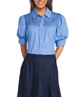 Current Air Cotton Poplin Lace Yoke Point Collar Puff Sleeve Button Front Shirt