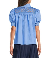 Current Air Cotton Poplin Lace Yoke Point Collar Puff Sleeve Button Front Shirt
