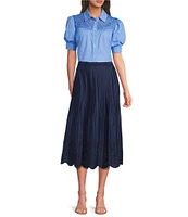Current Air Cotton Poplin Lace Yoke Point Collar Puff Sleeve Button Front Shirt
