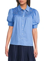 Current Air Cotton Poplin Lace Yoke Point Collar Puff Sleeve Button Front Shirt