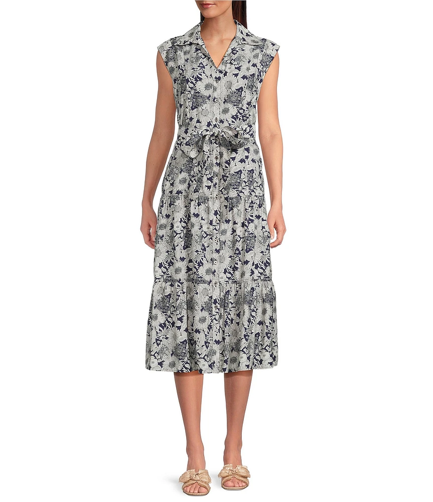 Current Air Daisy Floral Point Collar Cap Sleeve Button Front Midi Dress
