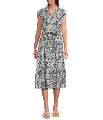 Current Air Daisy Floral Point Collar Cap Sleeve Button Front Midi Dress