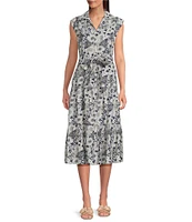 Current Air Daisy Floral Point Collar Cap Sleeve Button Front Midi Dress